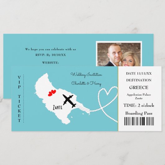 Ticket Boarding Pass Wedding Destination Zante Kaart (Voorkant / Achterkant)