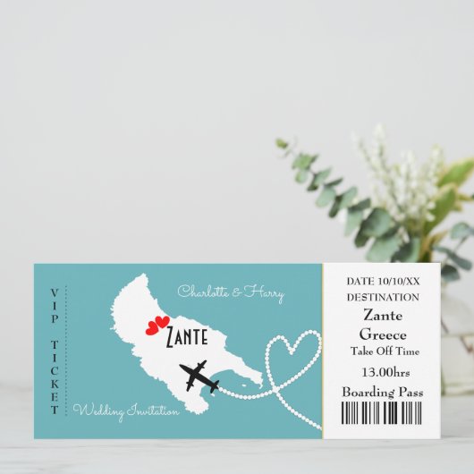Ticket Boarding Pass Wedding Destination Zante Kaart (Staand voorkant)