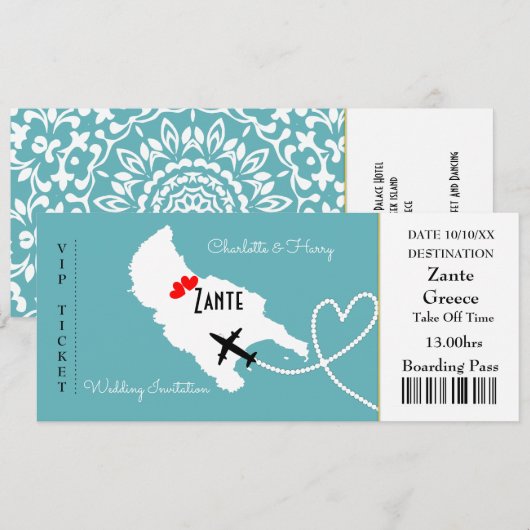 Ticket Boarding Pass Wedding Destination Zante Kaart (Voorkant / Achterkant)