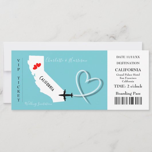 Ticket BoardingPass Wedding Destination California Kaart (Voorkant)