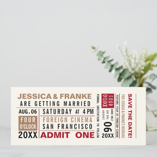 Ticket Brown Save the Date Invitation (Staand voorkant)