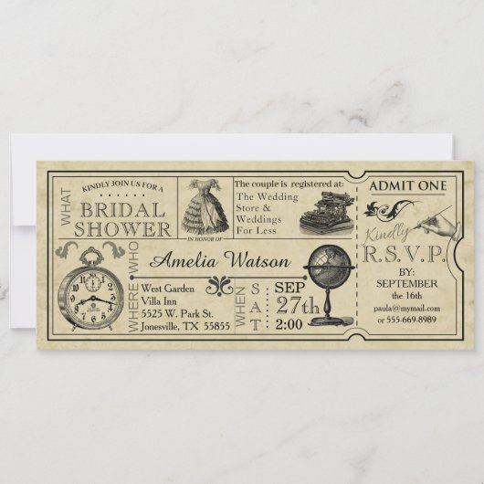 ticket bruids doucheuitnodiging kaart (Voorkant)