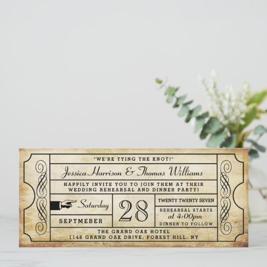  ticket bruiloft repetitie dineruitnodiging kaart (Staand voorkant)