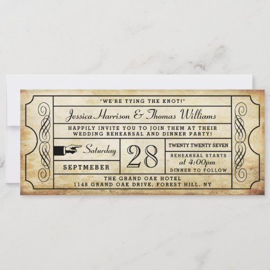  ticket bruiloft repetitie dineruitnodiging kaart (Voorkant)