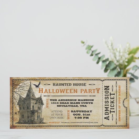Ticket I van de  Haunted House Halloween Party Kaart (Staand voorkant)