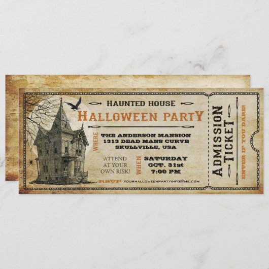 Ticket I van de  Haunted House Halloween Party Kaart (Voorkant / Achterkant)