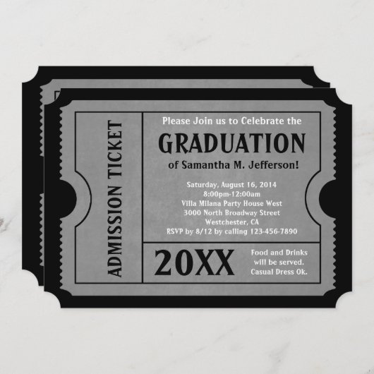 Ticket Invitation Black and Grey Afstuderen Kaart (Voorkant / Achterkant)