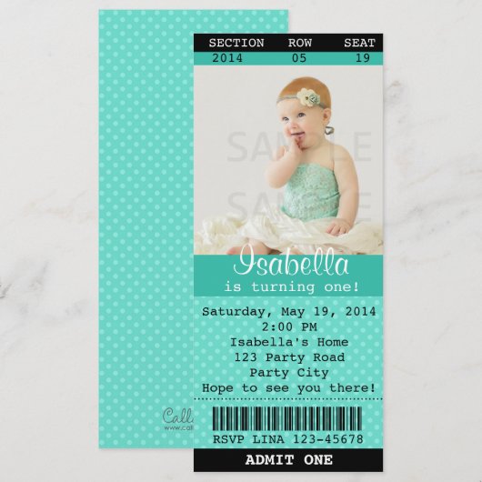 Ticket Invitation (Turquoise) Foto -Movie/Theater Kaart (Voorkant / Achterkant)