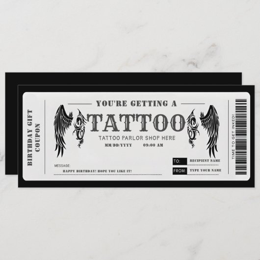 Ticket met voucher voor persoonlijk Tattoo Kaart (Voorkant / Achterkant)