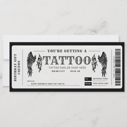 Ticket met voucher voor persoonlijk Tattoo Kaart (Voorkant)