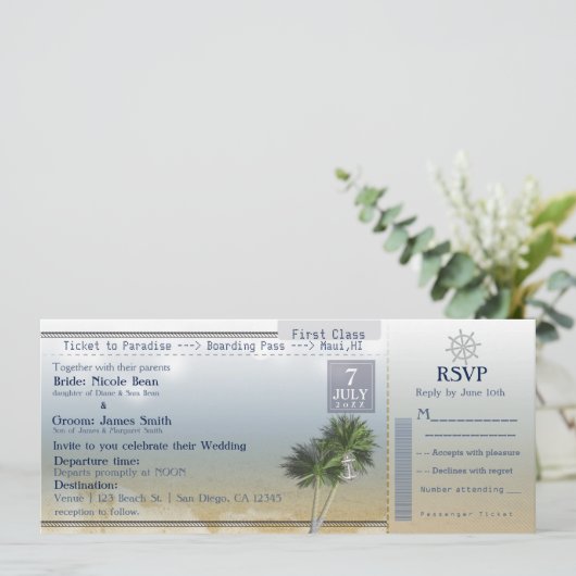 Ticket naar Paradise Bruiloft Bestemming Uitnodigi Kaart (Staand voorkant)