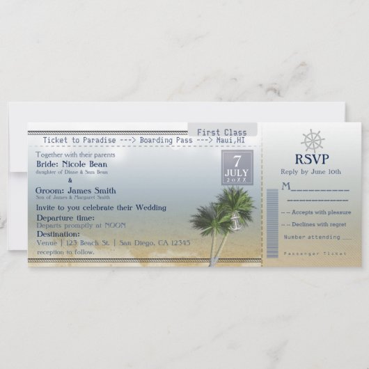 Ticket naar Paradise Bruiloft Bestemming Uitnodigi Kaart (Voorkant)