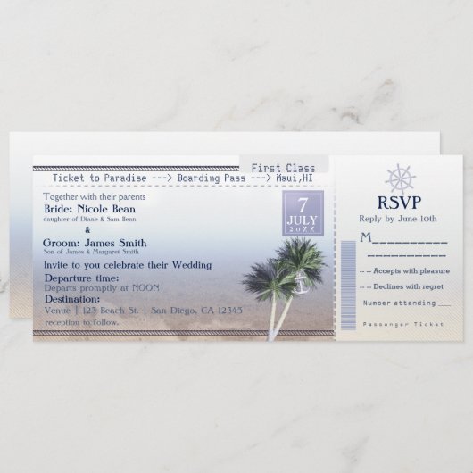 Ticket naar Paradise Bruiloft Bestemming Uitnodigi Kaart (Voorkant / Achterkant)