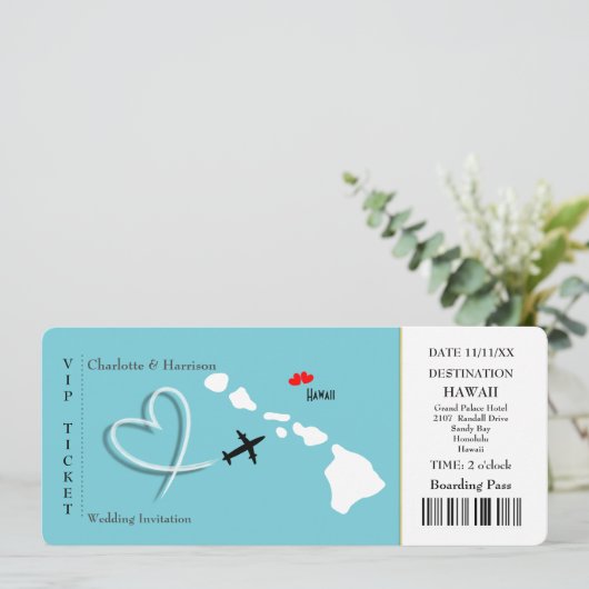 Ticket Pass Wedding Destination Hawaii Kaart (Staand voorkant)