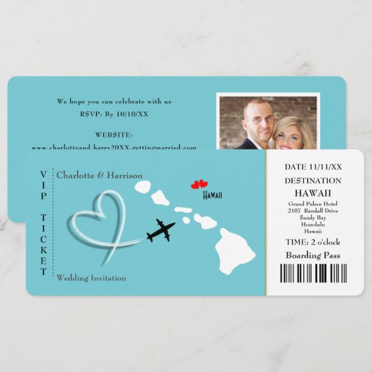 Ticket Pass Wedding Destination Hawaii Kaart (Voorkant / Achterkant)