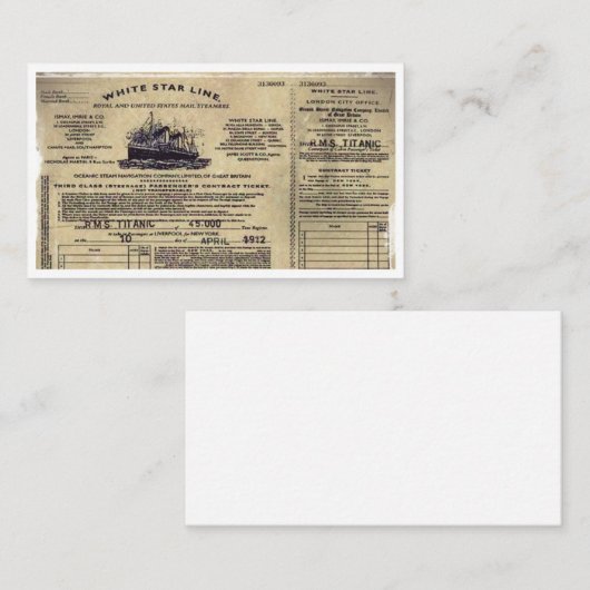 Ticket RMS Titanic 1912 (Voorkant / Achterkant)