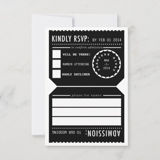  Ticket RSVP-reactiekaart voor bioscoop in zwart RSVP Kaartje (Voorkant)