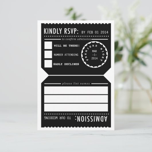  Ticket RSVP-reactiekaart voor bioscoop in zwart RSVP Kaartje (Staand voorkant)