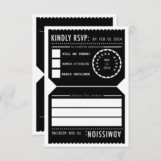 Ticket RSVP-reactiekaart voor bioscoop in zwart RSVP Kaartje (Voorkant / Achterkant)