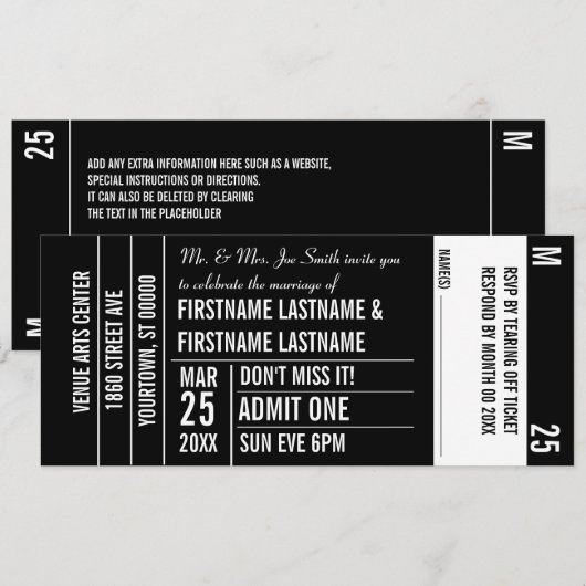 Ticket Stub White Area Party Kaart (Voorkant / Achterkant)