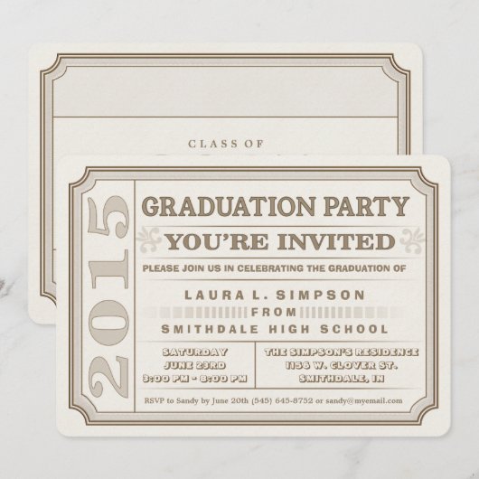 Ticket Style 2015 Bruin Afstuderen Party Uitnodige Kaart (Voorkant / Achterkant)