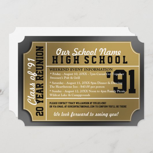 Ticket Style Black/Gold Class Reunion Kaart (Voorkant / Achterkant)