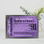 Ticket Style Black/Paars Class Reunion Kaart (Staand voorkant)