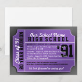 Ticket Style Black/Paars Class Reunion Kaart (Voorkant / Achterkant)