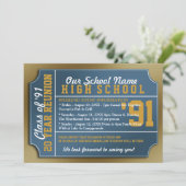 Ticket Style Blue/Gold Class Reunion Kaart (Staand voorkant)