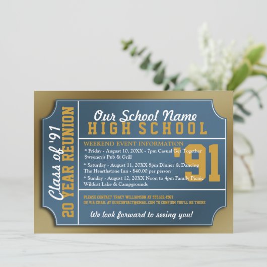 Ticket Style Blue/Gold Class Reunion Kaart (Staand voorkant)