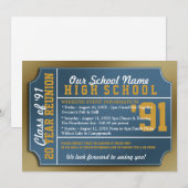 Ticket Style Blue/Gold Class Reunion Kaart (Voorkant / Achterkant)