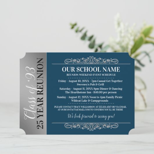 Ticket Style Blue/White Class Reunion Invitation Kaart (Staand voorkant)