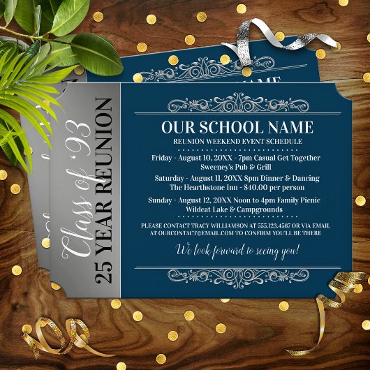 Ticket Style Blue/White Class Reunion Invitation Kaart