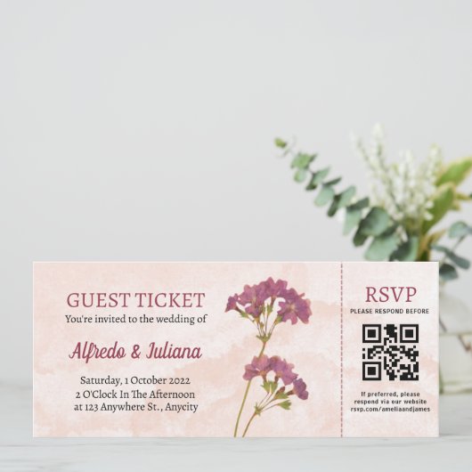 Ticket Style bruiloft Uitnodiging met Rsvp QR code (Staand voorkant)
