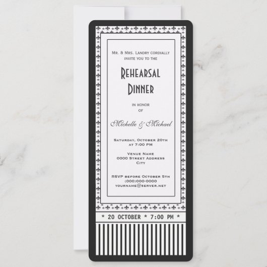 Ticket Style Fleur de Lis Rehearsal Dinner Kaart (Achterkant)