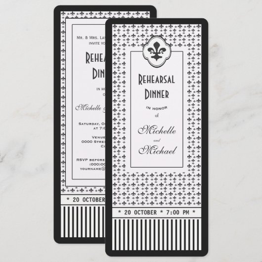 Ticket Style Fleur de Lis Rehearsal Dinner Kaart (Voorkant / Achterkant)