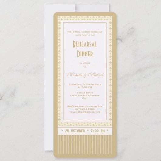 Ticket Style Gold Fleur de Lis Rehearsal Dinner Kaart (Achterkant)