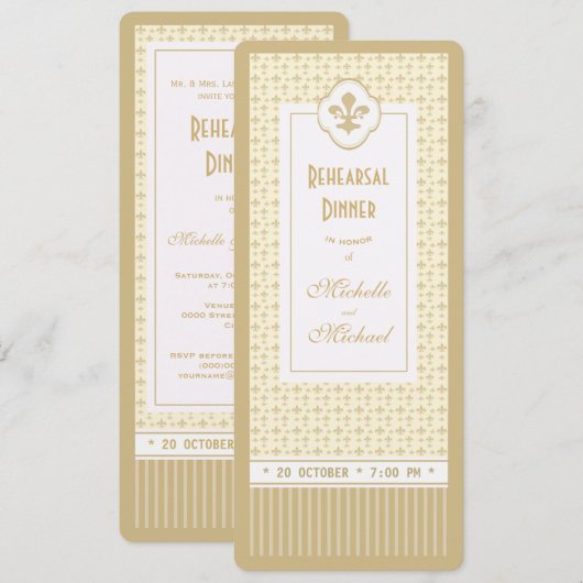 Ticket Style Gold Fleur de Lis Rehearsal Dinner Kaart (Voorkant / Achterkant)