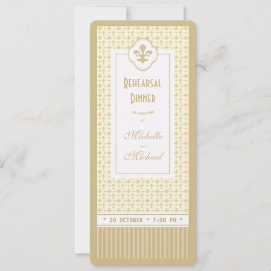 Ticket Style Gold Fleur de Lis Rehearsal Dinner Kaart (Voorkant)