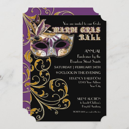 Ticket Style Mardi Gras Ball Gala Party Fundraiser Kaart (Voorkant / Achterkant)