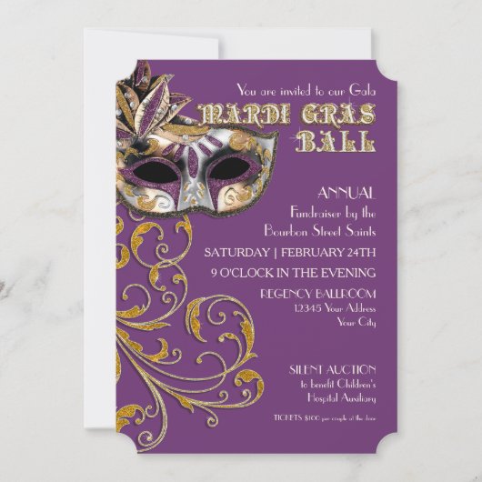 Ticket Style Mardi Gras Ball Gala Party Fundraiser Kaart (Voorkant)