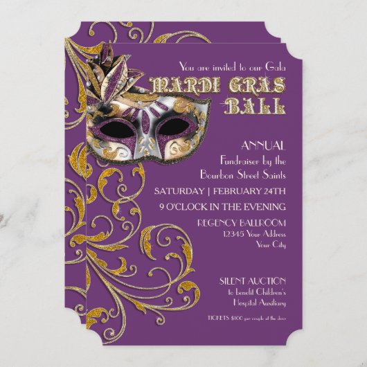 Ticket Style Mardi Gras Ball Gala Party Fundraiser Kaart (Voorkant / Achterkant)