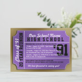 Ticket Style Paars/Gold Class Reunion Kaart (Staand voorkant)