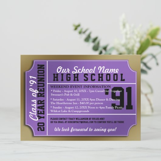 Ticket Style Paars/Gold Class Reunion Kaart (Staand voorkant)