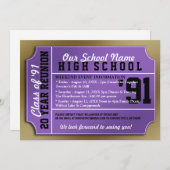 Ticket Style Paars/Gold Class Reunion Kaart (Voorkant / Achterkant)