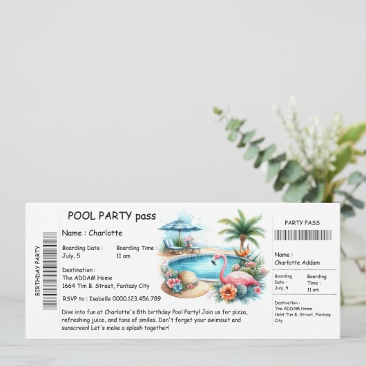 Ticket-Style Pool Party Invitation – Birthday Bash Kaart (Staand voorkant)
