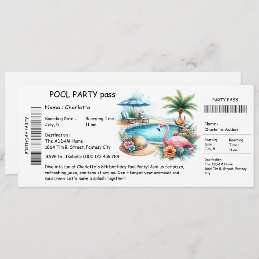 Ticket-Style Pool Party Invitation – Birthday Bash Kaart (Voorkant / Achterkant)