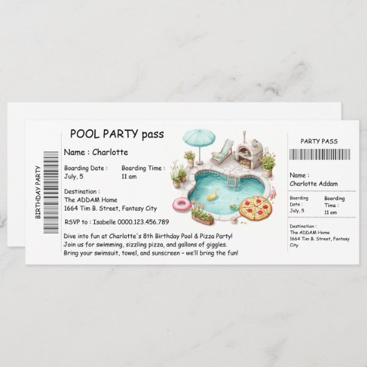 Ticket-Style Pool Party Invitation – Birthday Bash Kaart (Voorkant / Achterkant)