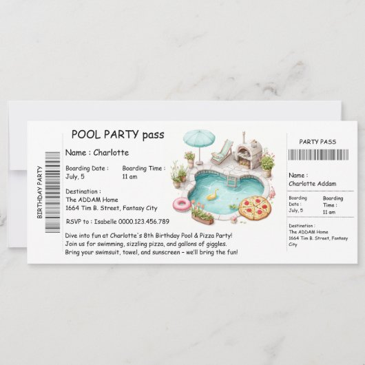Ticket-Style Pool Party Invitation – Birthday Bash Kaart (Voorkant)
