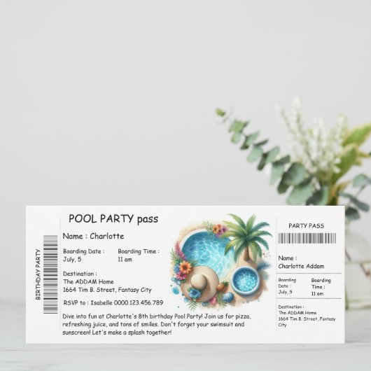 Ticket-Style Pool Party Invitation – Birthday Bash Kaart (Staand voorkant)